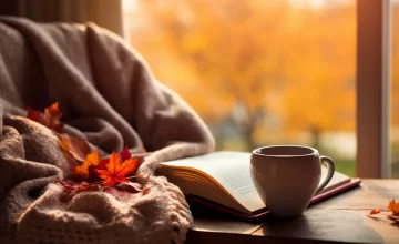 Ambiente acogedor con estilos de decoración inspirados en otoño, mostrando una taza, un libro abierto y hojas secas sobre una manta cálida cerca de una ventana.