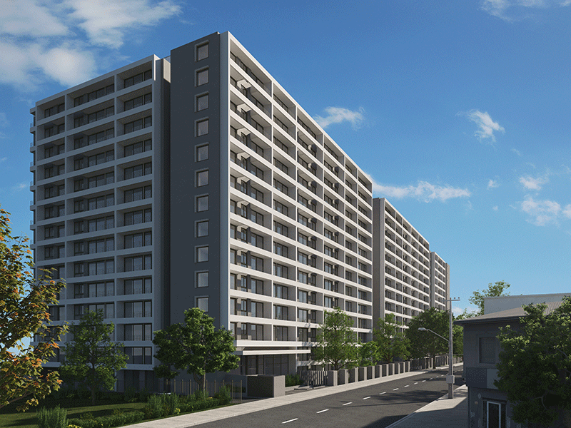 Vista del proyecto Vicuña & Vicuña C en Santiago, con edificios residenciales y entorno urbano.